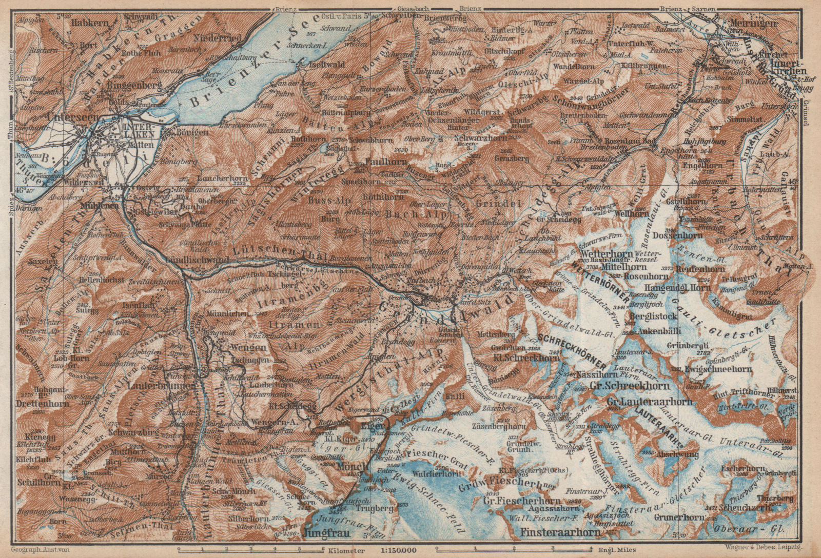 GRINDELWALD environs. Wengen Mürren Jungfrau Wetterhorn Interlaken 1938 map